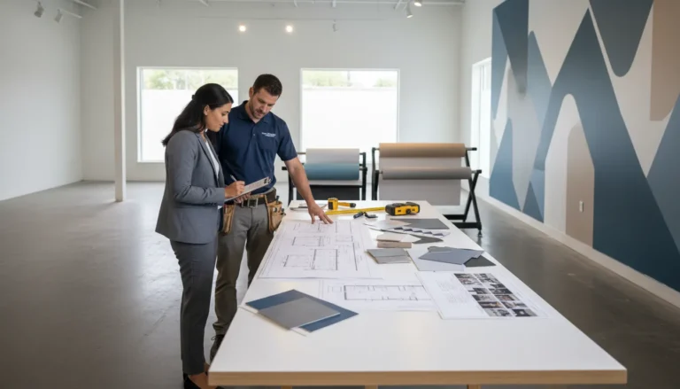 Operations manager reviewing a franchise graphics rollout checklist with a certified vinyl installer in a retail space