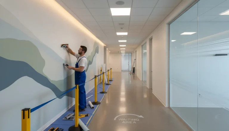 Installer applying healthcare facility graphics in a medical office corridor