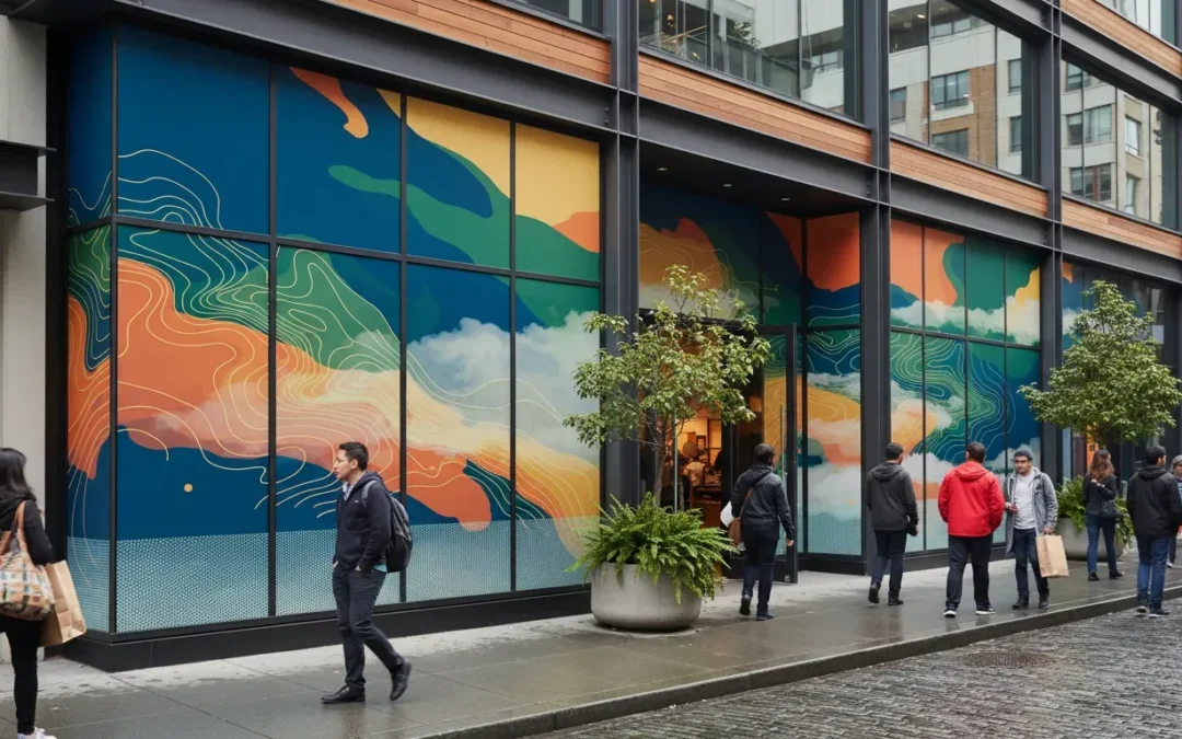 Professional retail window graphics installation on a storefront