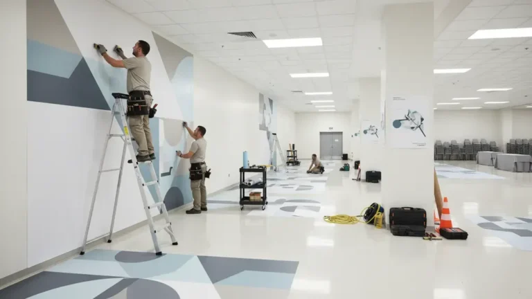 Installers preparing temporary event graphics installation for venue wall decals and floor graphics