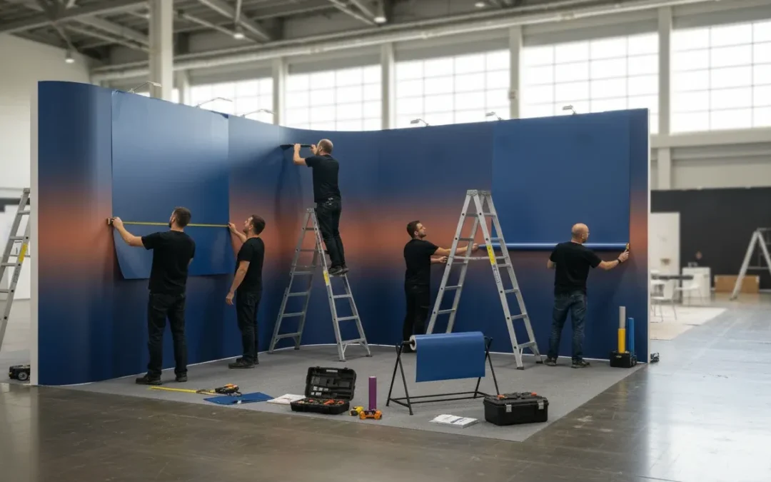 Trade show graphics installers preparing branded booth panels in an exhibit hall