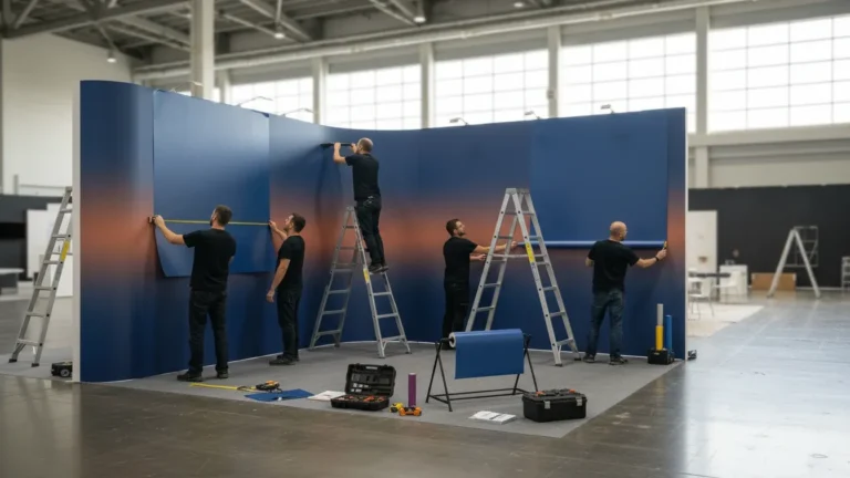 Trade show graphics installers preparing branded booth panels in an exhibit hall