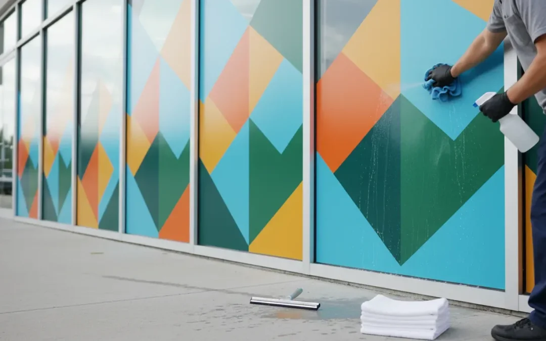 Installer cleaning commercial vinyl window graphics with a microfiber cloth