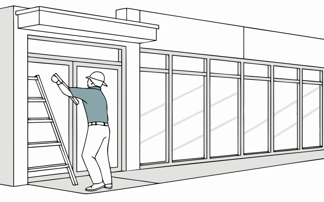 Installer applying seasonal promotional graphics in a grocery store