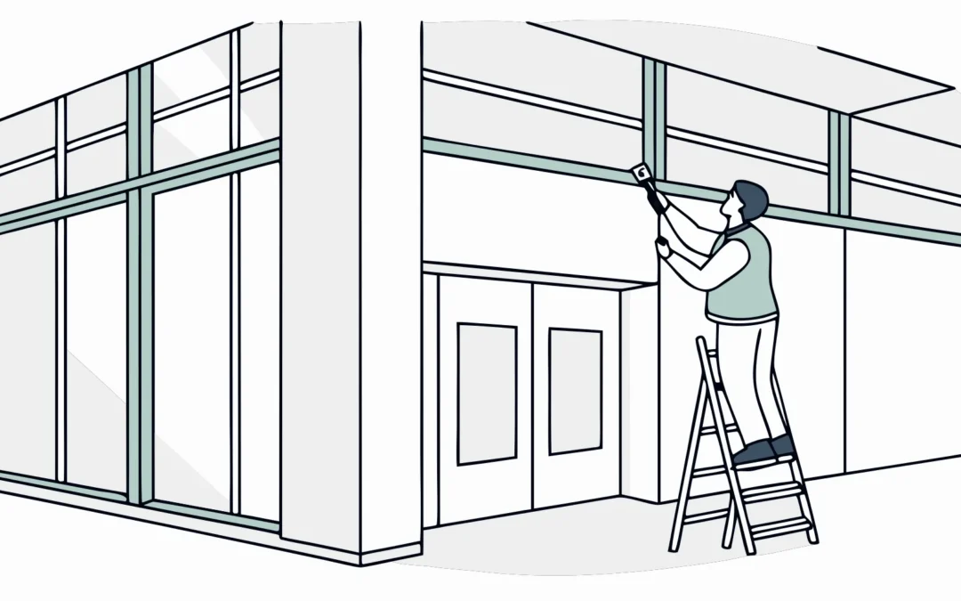 Installer applying wayfinding graphics in a municipal facility