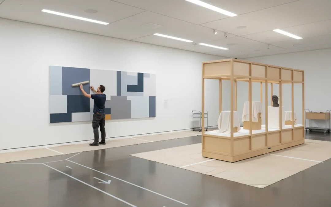 Installer applying a museum exhibit graphics installation wall display