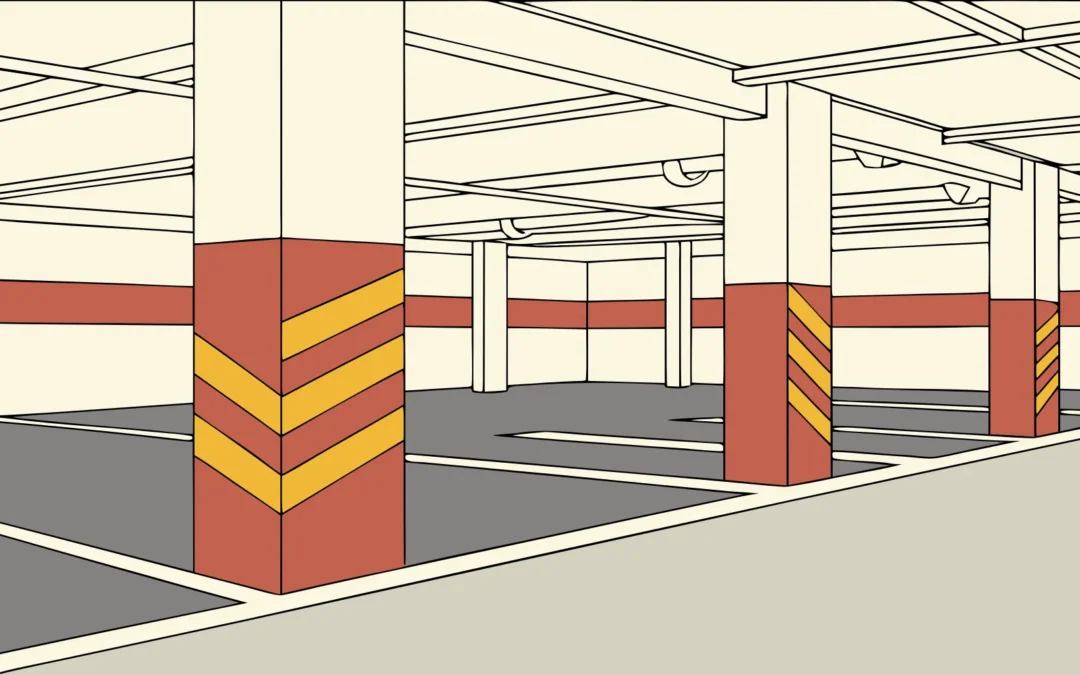 Color-coded wayfinding graphics installed in a parking garage