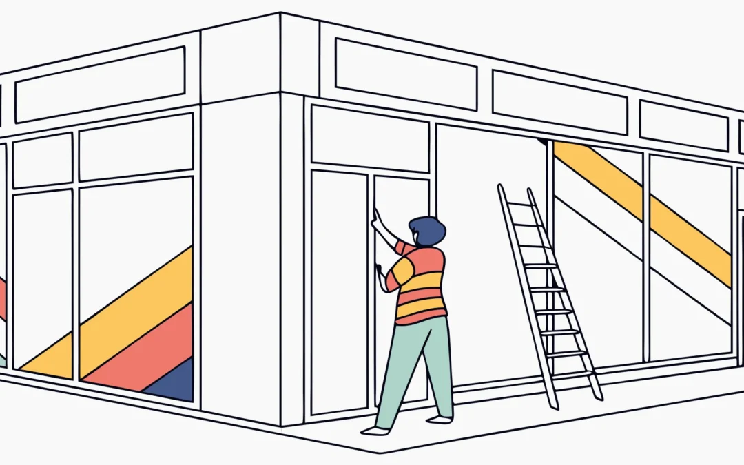 Installer applying coordinated vinyl graphics in a retail store