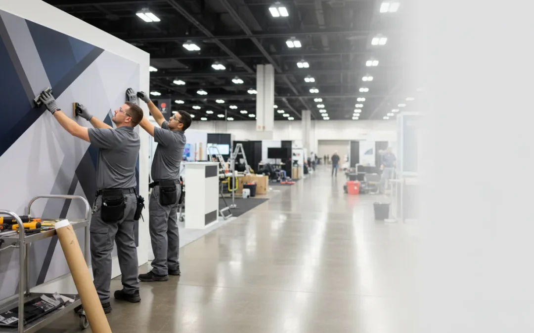 Trade show booth graphics installation crew applying vinyl wall panels