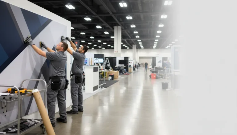 Trade show booth graphics installation crew applying vinyl wall panels